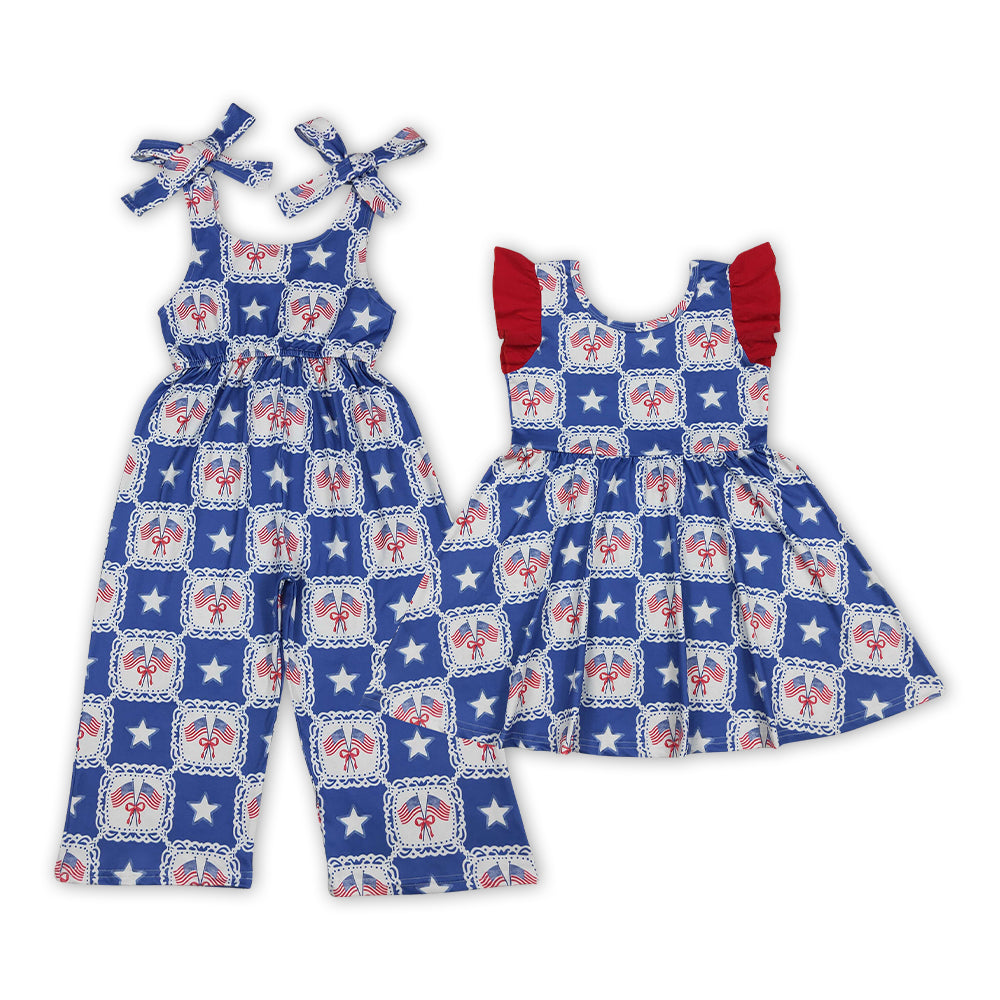 Flag & Star Bow Blue Print Baby Girls 4th of July Strap Jumpsuits Dress Sisters Wear