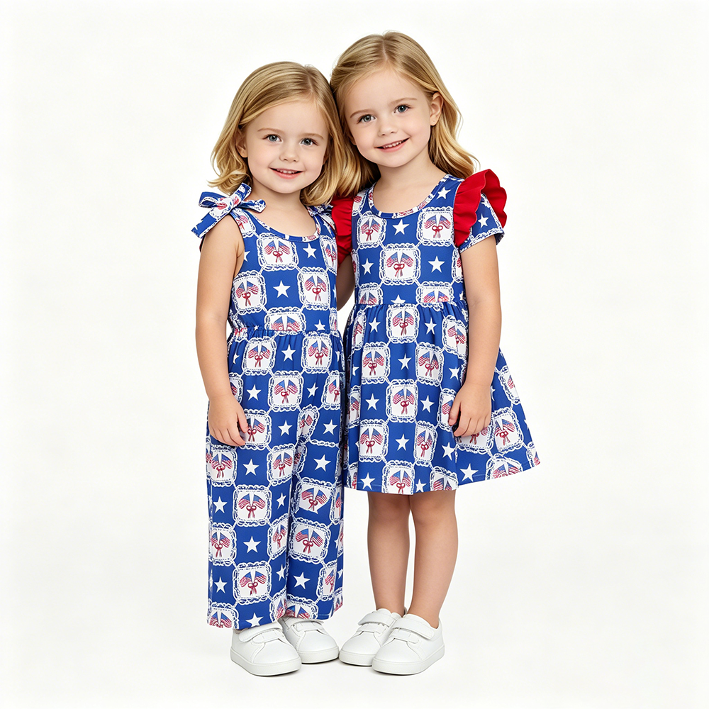 Flag & Star Bow Blue Print Baby Girls 4th of July Strap Jumpsuits Dress Sisters Wear