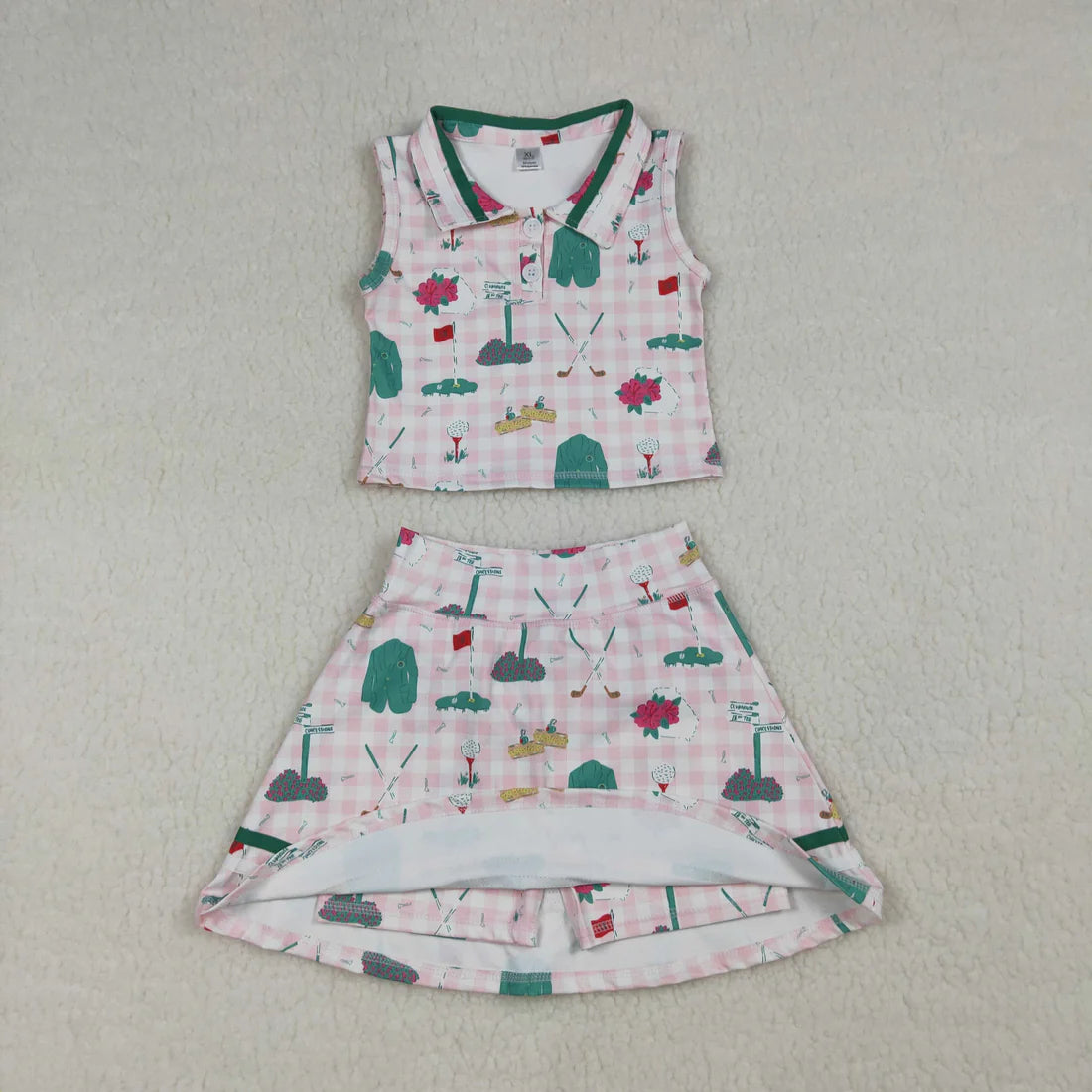 Sibling Baby Girls Pink Checked Flowers Golf Tunic Ruffle Skirt Shorts Set Rompers