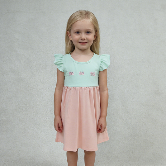 GSD3530 Girls’ Pink & Green Bow Embroidery Flutter Sleeve Dress
