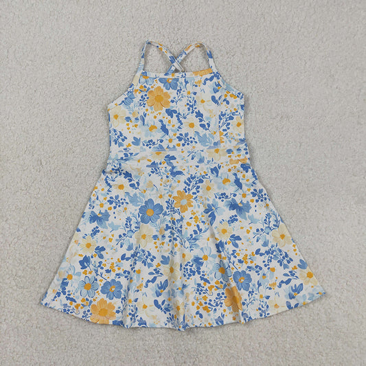 GSD3565 Flowers Print Girls Summer Strap Shorts Knee Length Yoga Dress