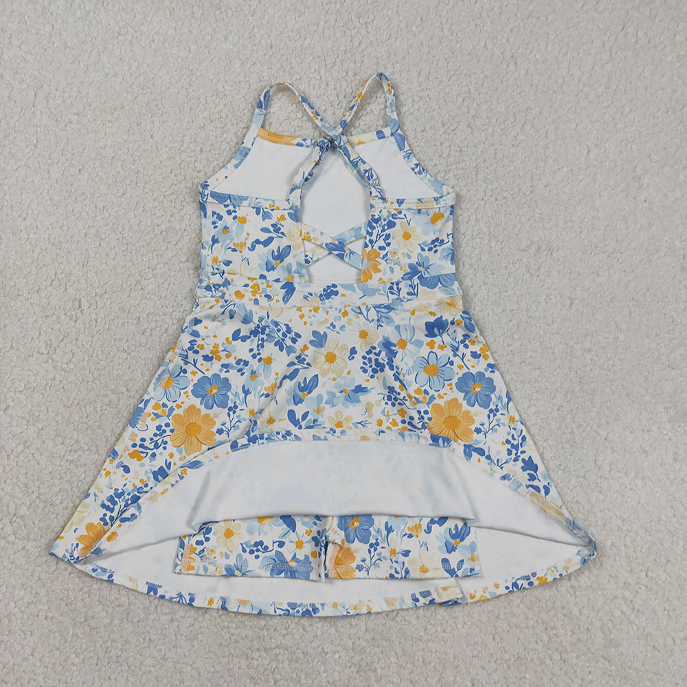 GSD3565 Flowers Print Girls Summer Strap Shorts Knee Length Yoga Dress