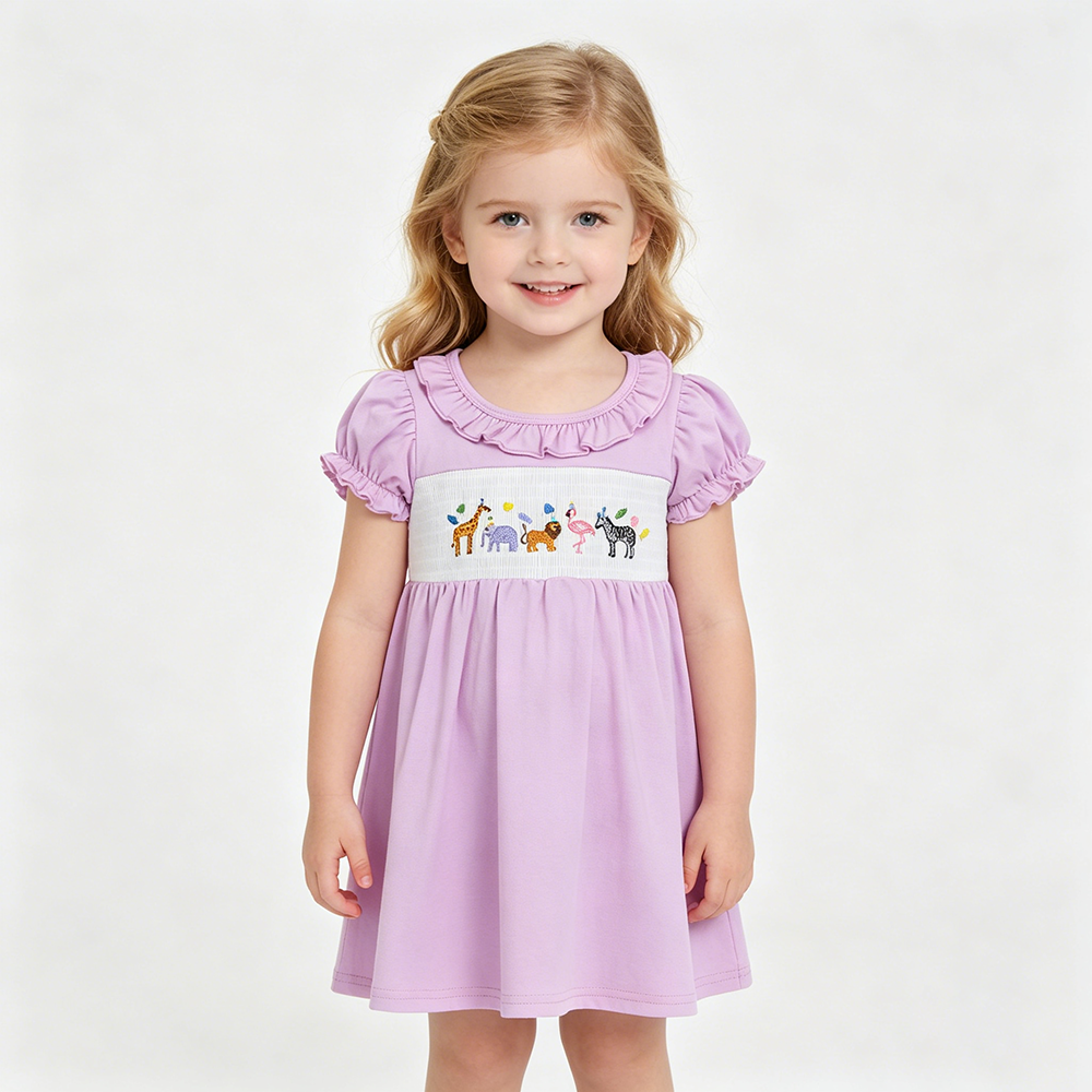 GSD3578 Animals Embroidery Pink Cotton Girls Summer Smocked Dress