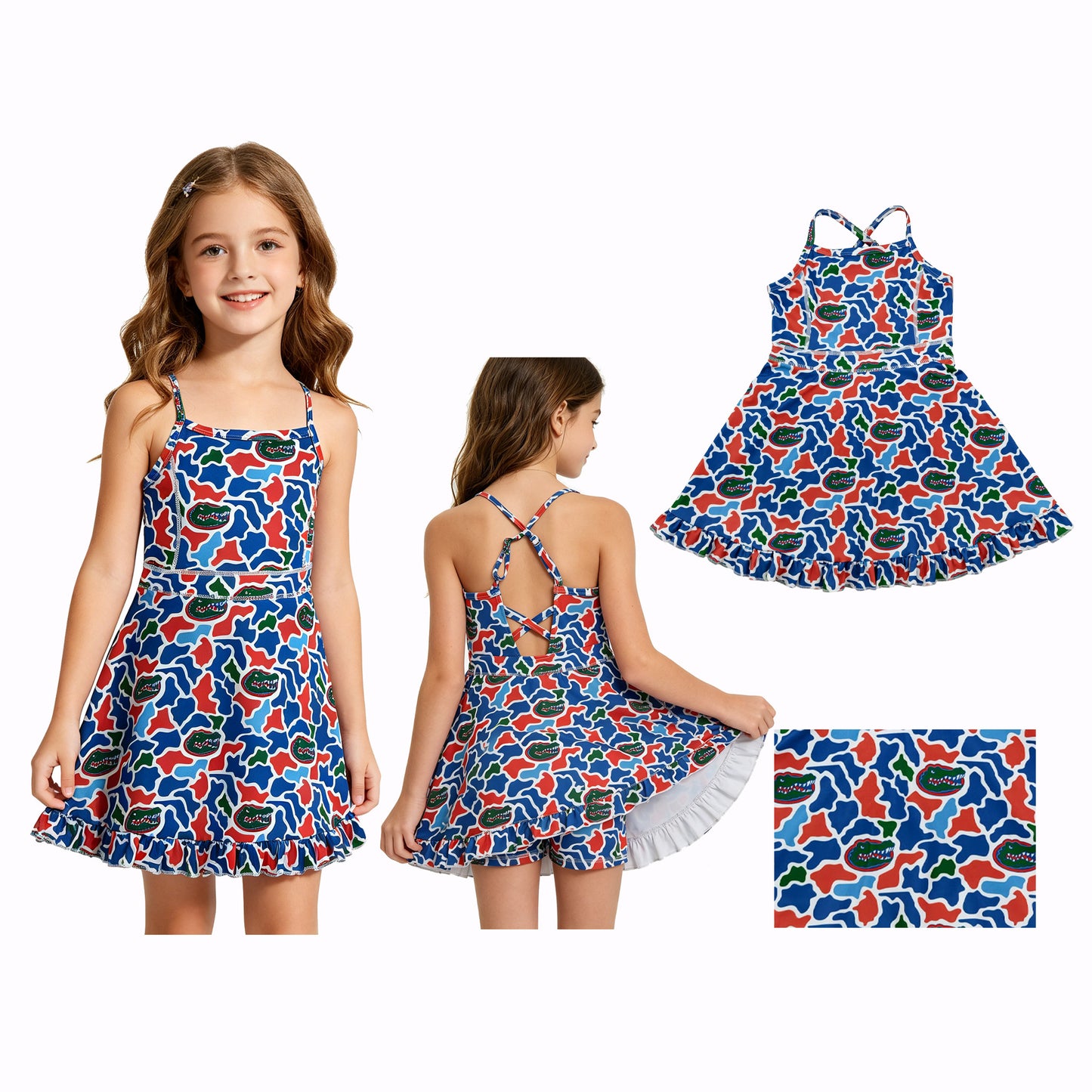Teams Florida Camo Print Girls Summer Strap Shorts Ruffle Knee Length Yoga Dress
