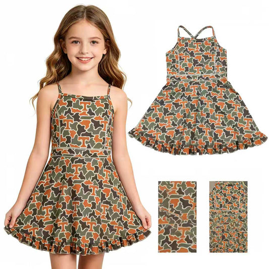 GSD3590 Teams Tennessee Camo Print Girls Summer Strip Knee Length Yoga Dress