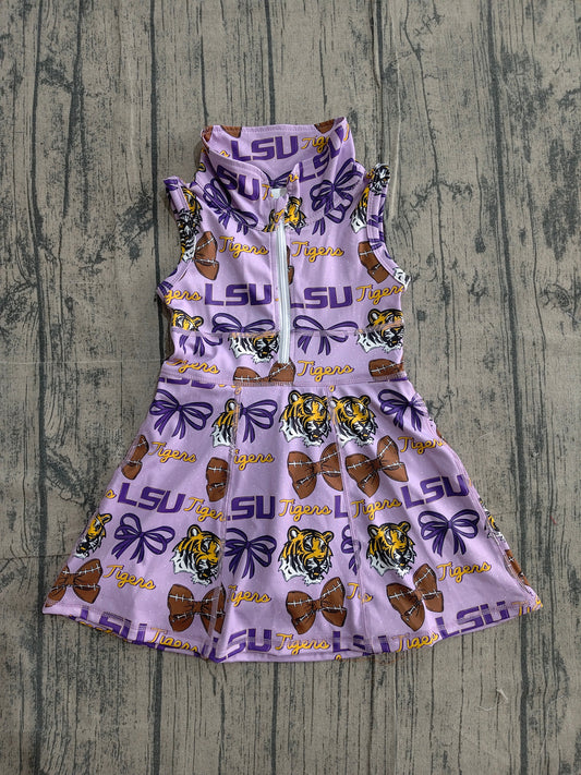 (In Production) Baby Girls LSU Tiger Footballs Team Yoga Active Shorts Knee Length Dresses