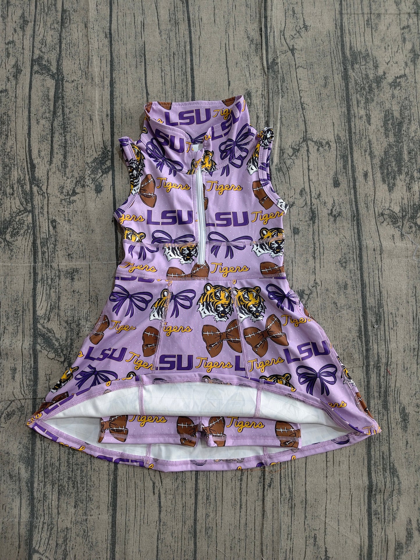 (In Production) Baby Girls LSU Tiger Footballs Team Yoga Active Shorts Knee Length Dresses