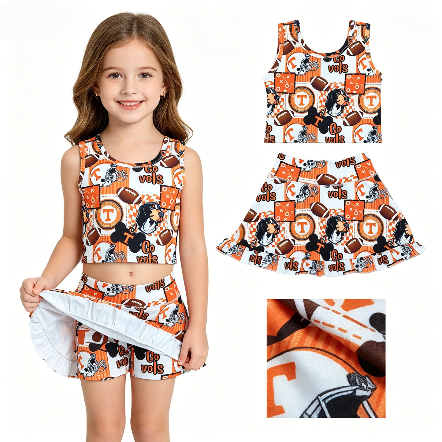 Teams Tennessee VOLS Tank Top Ruffle Skirts Shorts Girls Summer Yoga Clothes Set