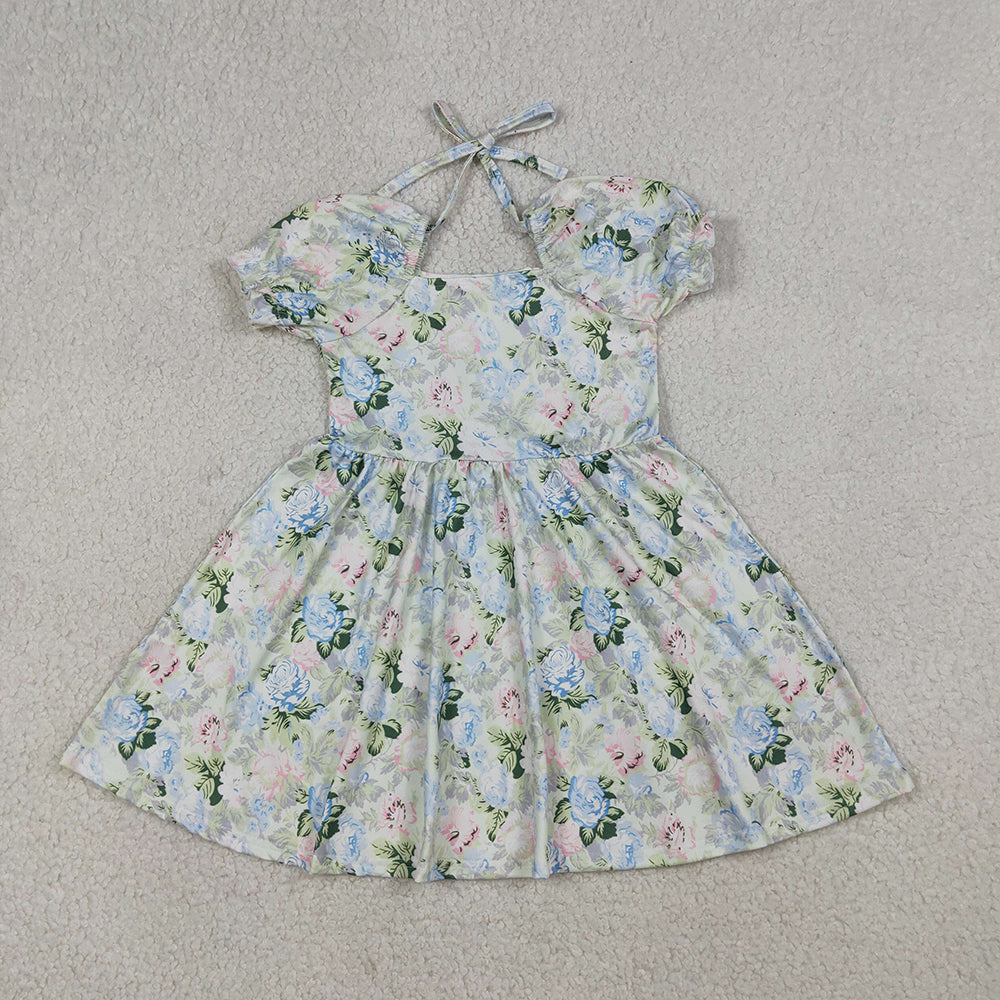 GSD3615 Pink Blue Flowers Print Girls Puff Sleeves Knee Length Dress