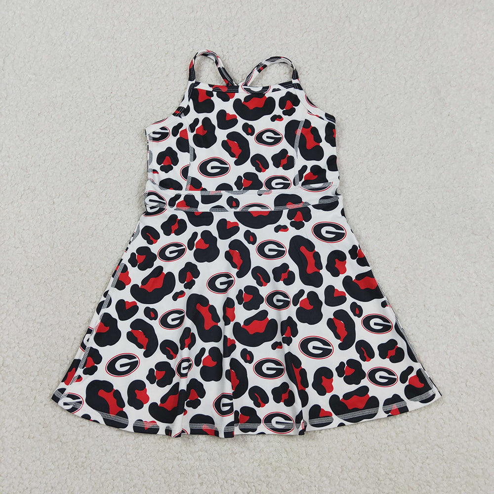 GSD3632 Teams Georgia Leopard Print Girls Summer Strap Shorts Ruffle Knee Length Yoga Dress