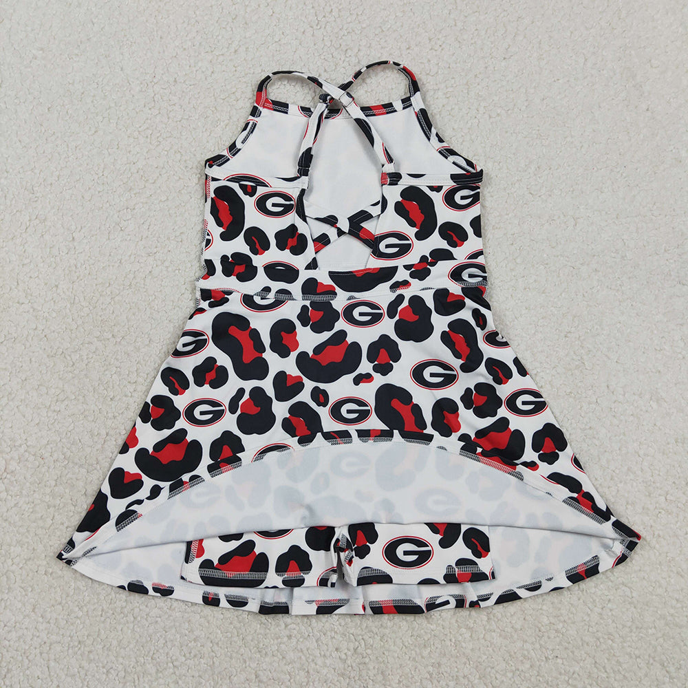 GSD3632 Teams Georgia Leopard Print Girls Summer Strap Shorts Ruffle Knee Length Yoga Dress