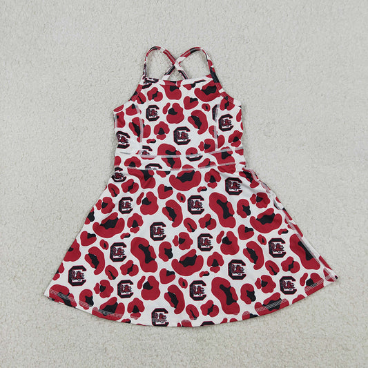 GSD3633 Teams Gamecock Leopard Print Girls Summer Strap Shorts Ruffle Knee Length Yoga Dress
