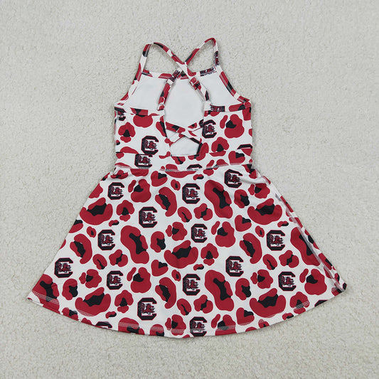 GSD3633 Teams Gamecock Leopard Print Girls Summer Strap Shorts Ruffle Knee Length Yoga Dress