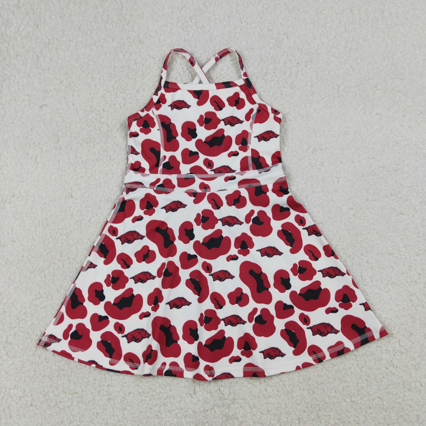 GSD3636  Teams Arkansas Leopard Print Girls Summer Strap Shorts Ruffle Knee Length Yoga Dress