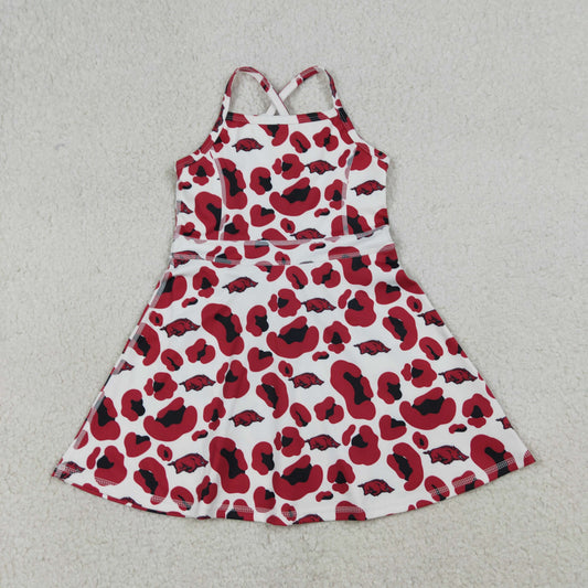GSD3636  Teams Arkansas Leopard Print Girls Summer Strap Shorts Ruffle Knee Length Yoga Dress