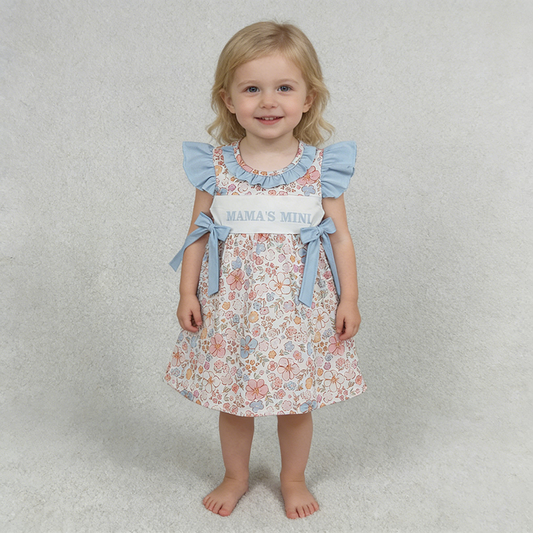 GSD3648 Mama’s Mini Colorful Floral Flutter Sleeve Girls’ Dress with Blue Bow