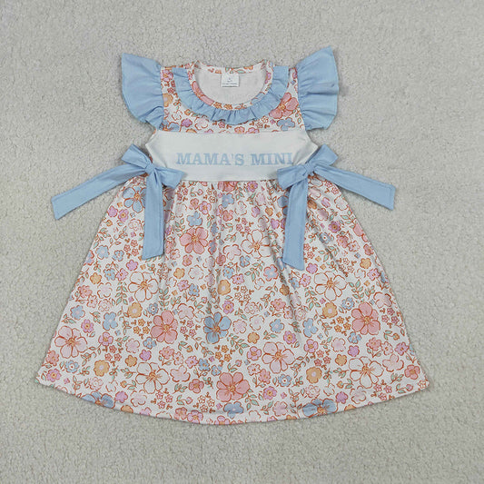 GSD3648 Mama’s Mini Colorful Floral Flutter Sleeve Girls’ Dress with Blue Bow