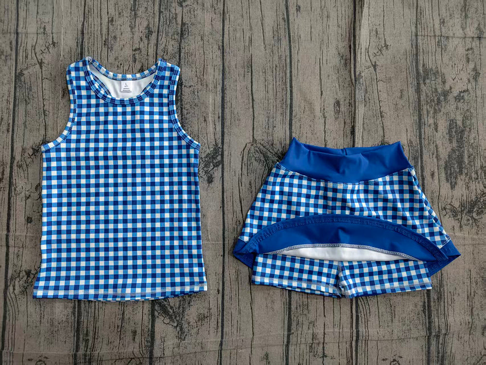 Toddler Girls Blue Plaid 2-Piece Set | Sleeveless Top & Skirt Active Outfit Preorder