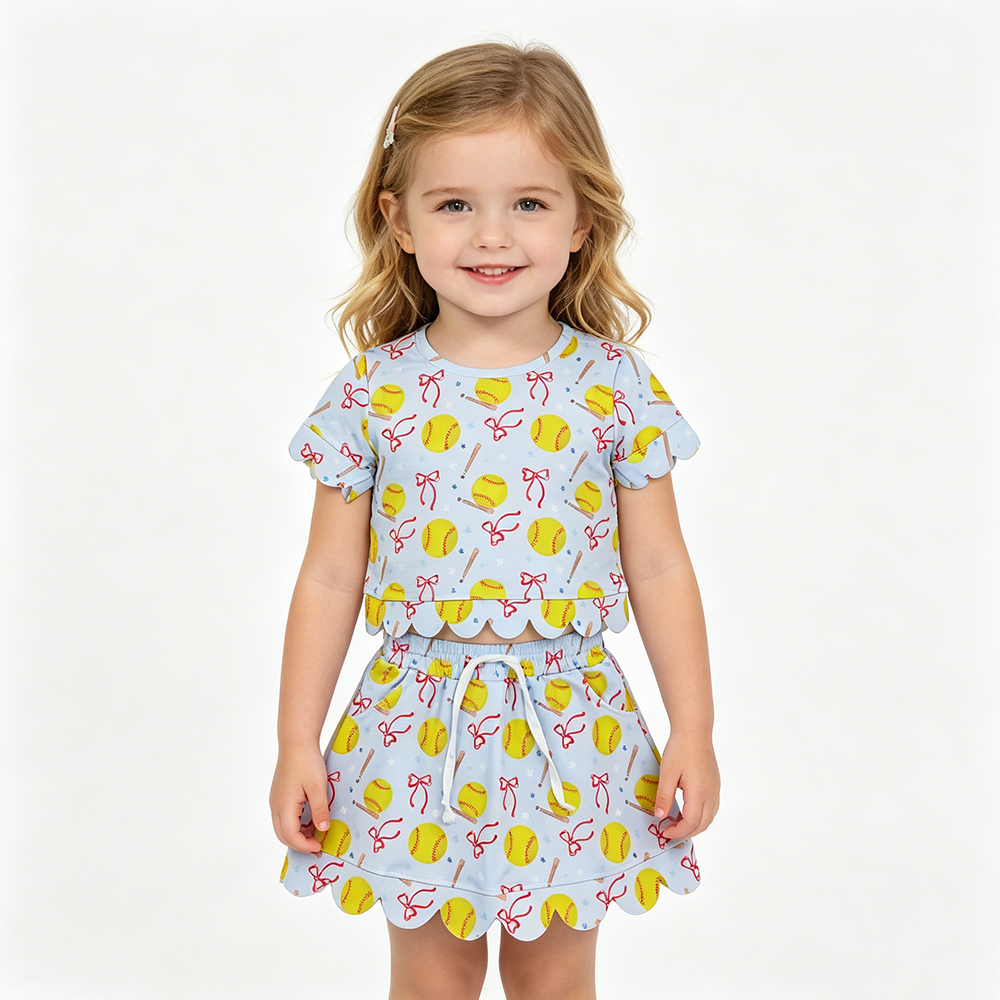 GSD3655 Softball Bows Stars Top Skirts Shorts Girls Summer Scallop Yoga Clothes Set