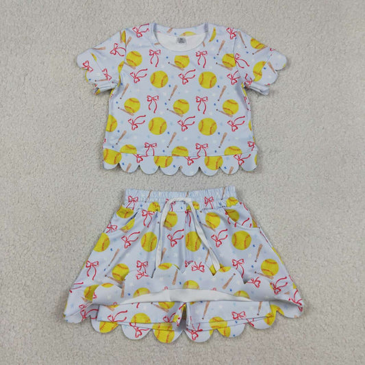 GSD3655 Softball Bows Stars Top Skirts Shorts Girls Summer Scallop Yoga Clothes Set