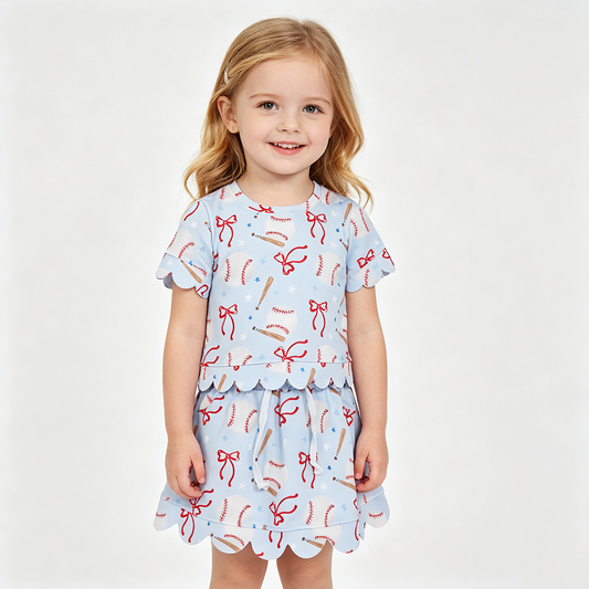 GSD3656 Baseball Bows Stars Top Skirts Shorts Girls Summer Scallop Yoga Clothes Set