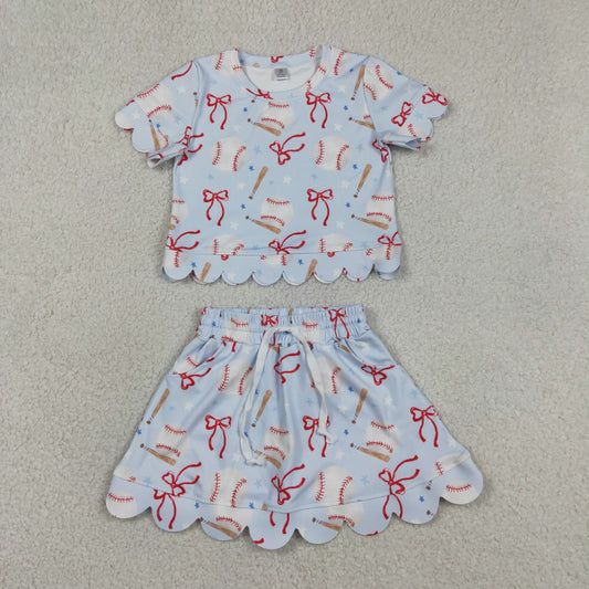 GSD3656 Baseball Bows Stars Top Skirts Shorts Girls Summer Scallop Yoga Clothes Set