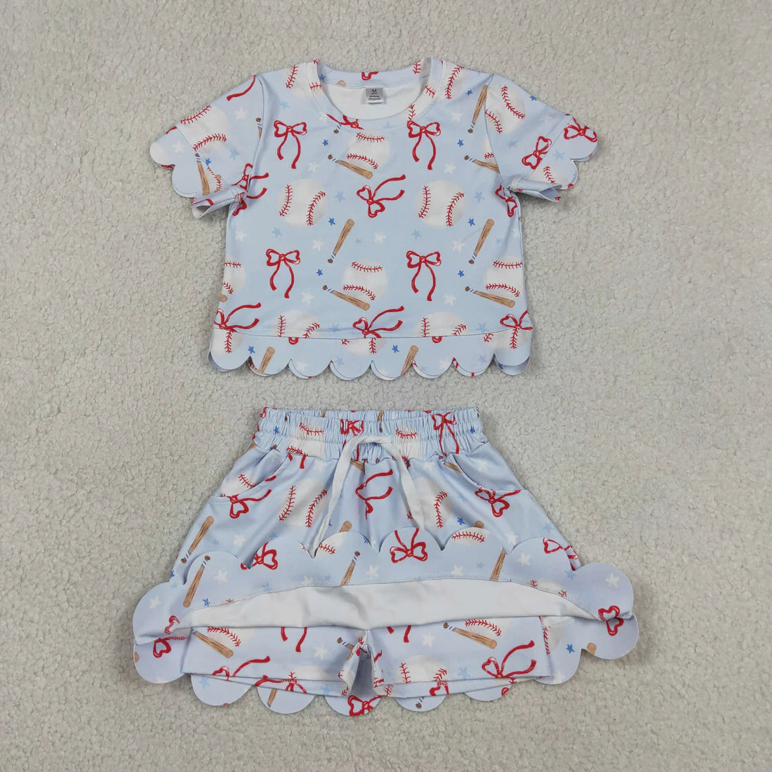 Sibling Baby Girls Bows Baseballs Softballs Top Skirt Short Team Yoga Active Scallop Clothes Sets
