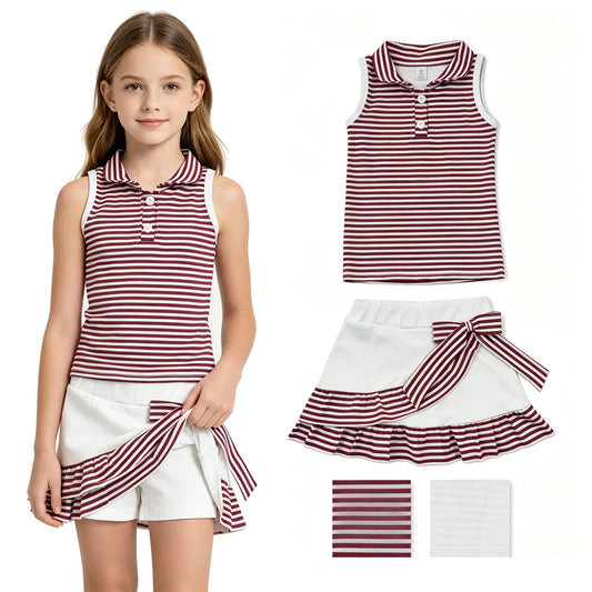 GSD3662 Wine Striped Tank Top Ruffle Skort Sports Active Set Baby Girls Yoga Clothes Set