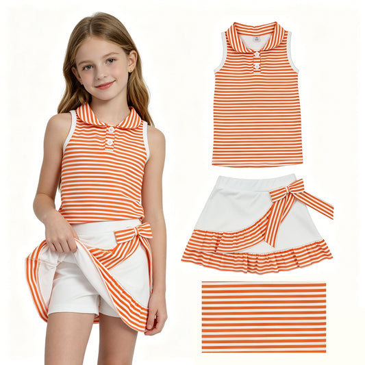 GSD3663 Girls Orange Striped Sleeveless Tank Top With Skort Active Outfit