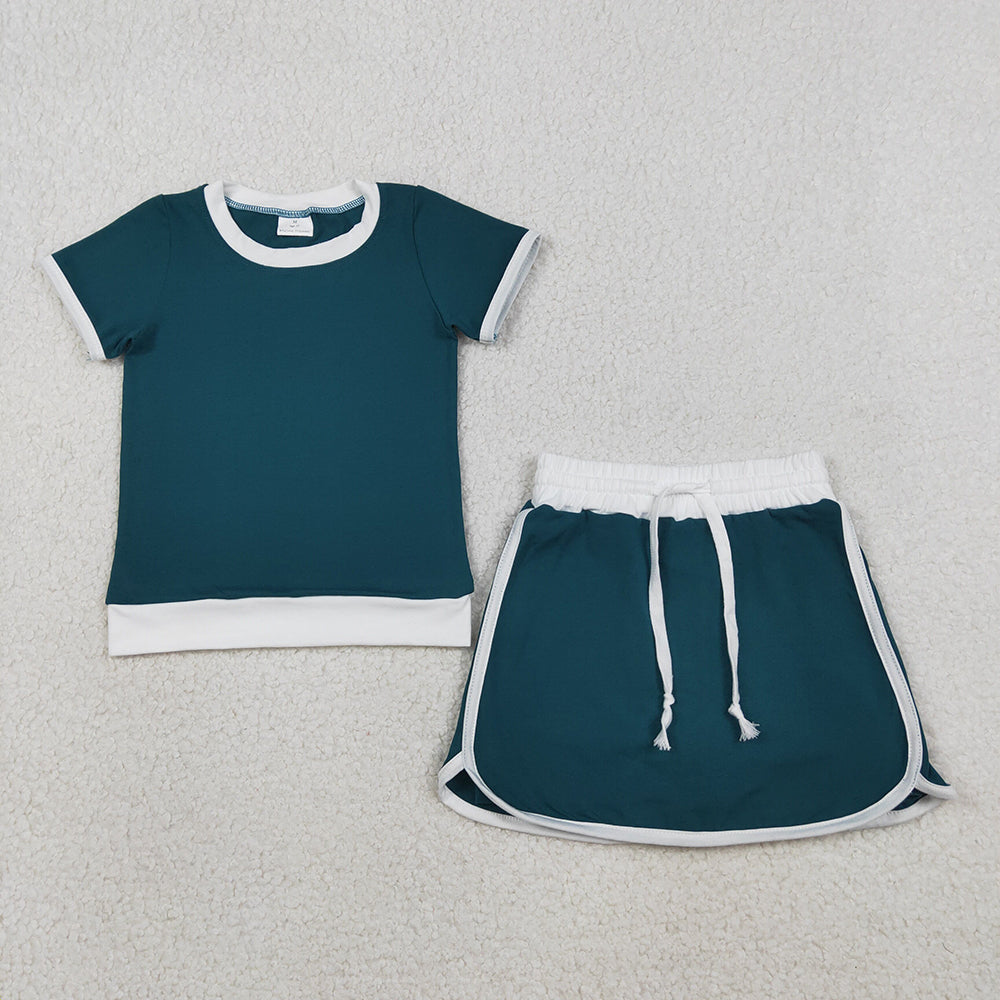 GSD3670 Green & White Cotton Tee & Skirt Set - Girls