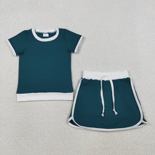 GSD3670 Green & White Cotton Tee & Skirt Set - Girls