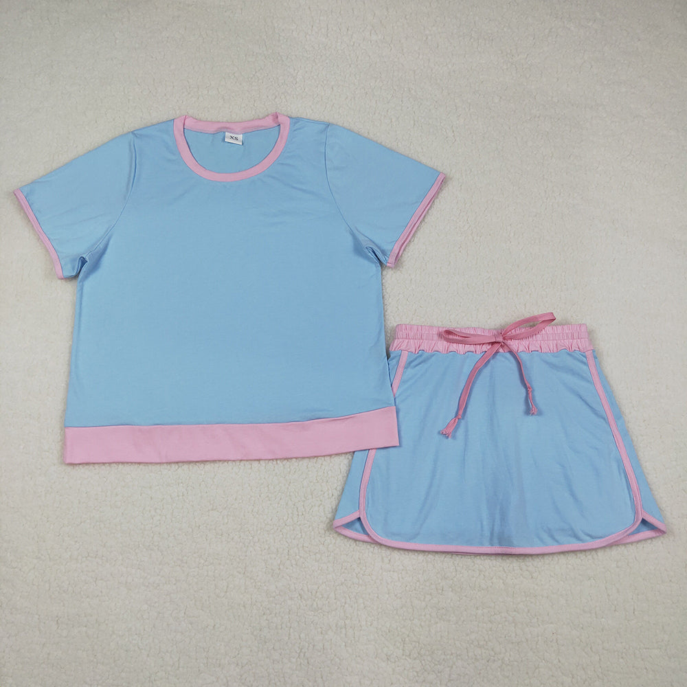 GSD3674 Women's Blue & Pink Cotton Tee & Skirt Set