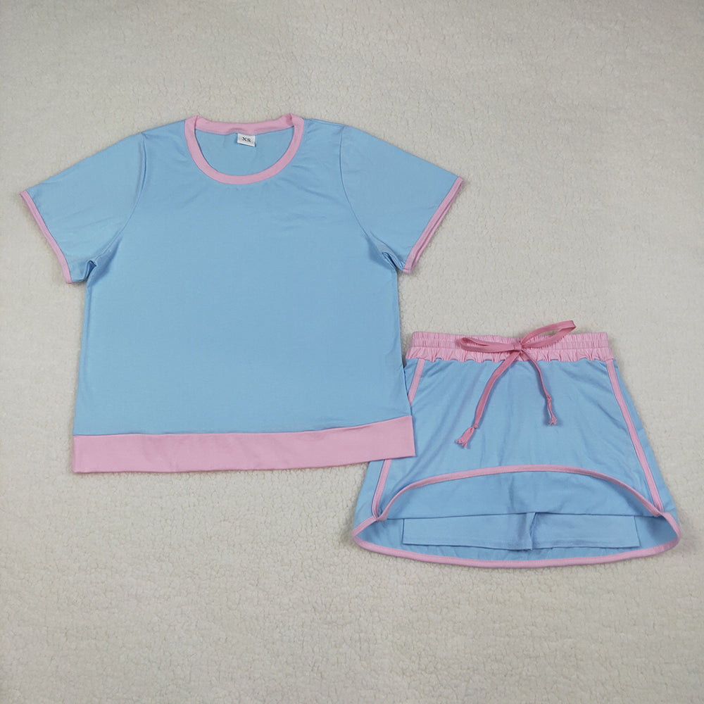 GSD3674 Women's Blue & Pink Cotton Tee & Skirt Set