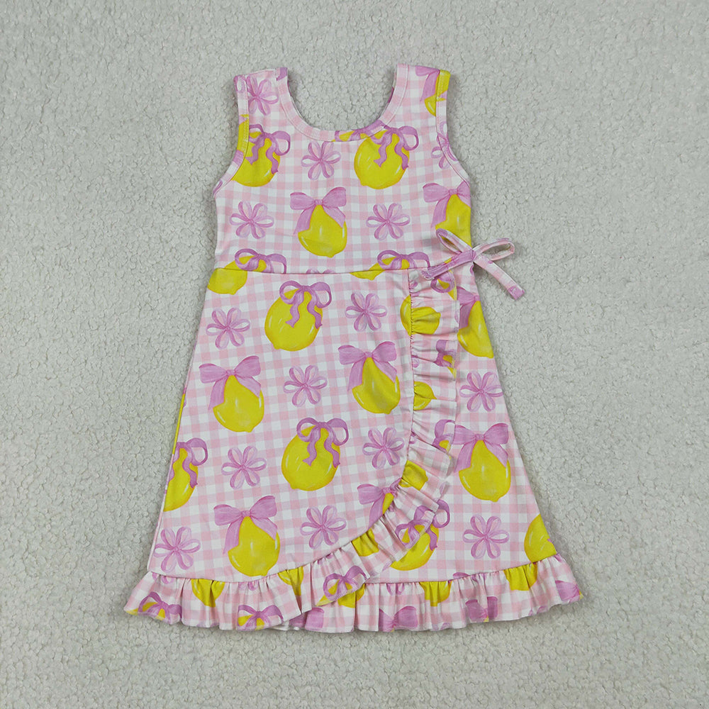 GSD3683 Girls’ Lemon & Pink Gingham Floral Bow Ruffle Sleeveless Yoga Dress