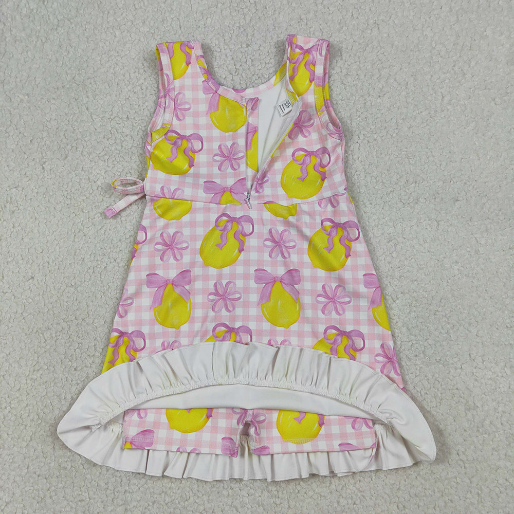 GSD3683 Girls’ Lemon & Pink Gingham Floral Bow Ruffle Sleeveless Yoga Dress