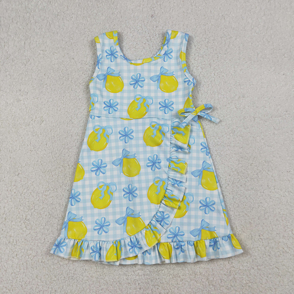 GSD3684 Lemon Bows Plaid Print Girls Sleeveless Shorts Knee Length Yoga Dress