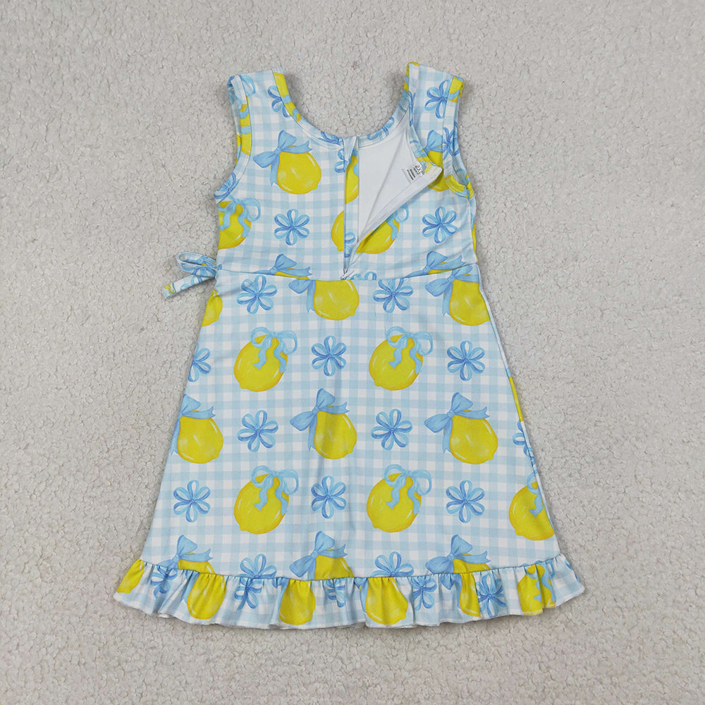 GSD3684 Lemon Bows Plaid Print Girls Sleeveless Shorts Knee Length Yoga Dress