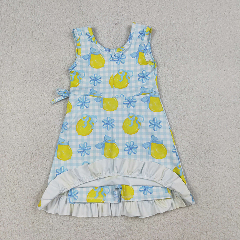 GSD3684 Lemon Bows Plaid Print Girls Sleeveless Shorts Knee Length Yoga Dress