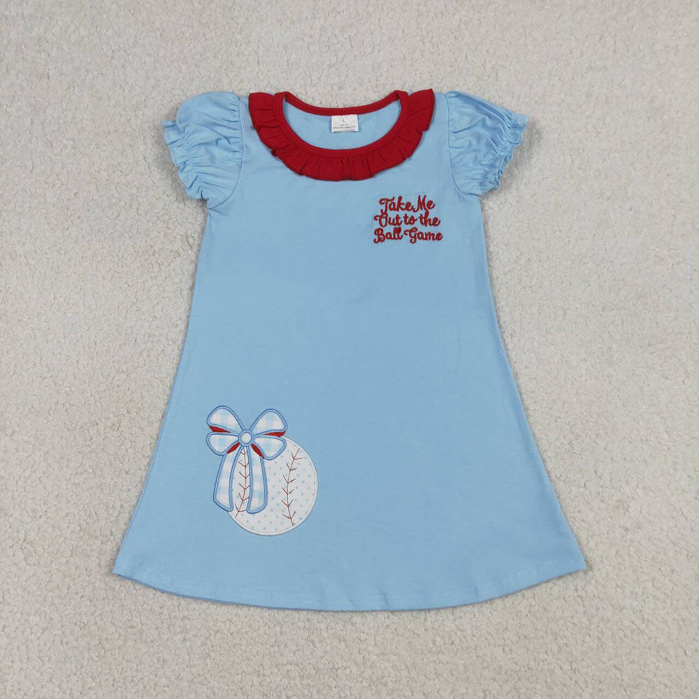 Girls' Ball Game Baseball Embroidery Blue Dress & Red Striped Shorts Set Sisters Wear Styles