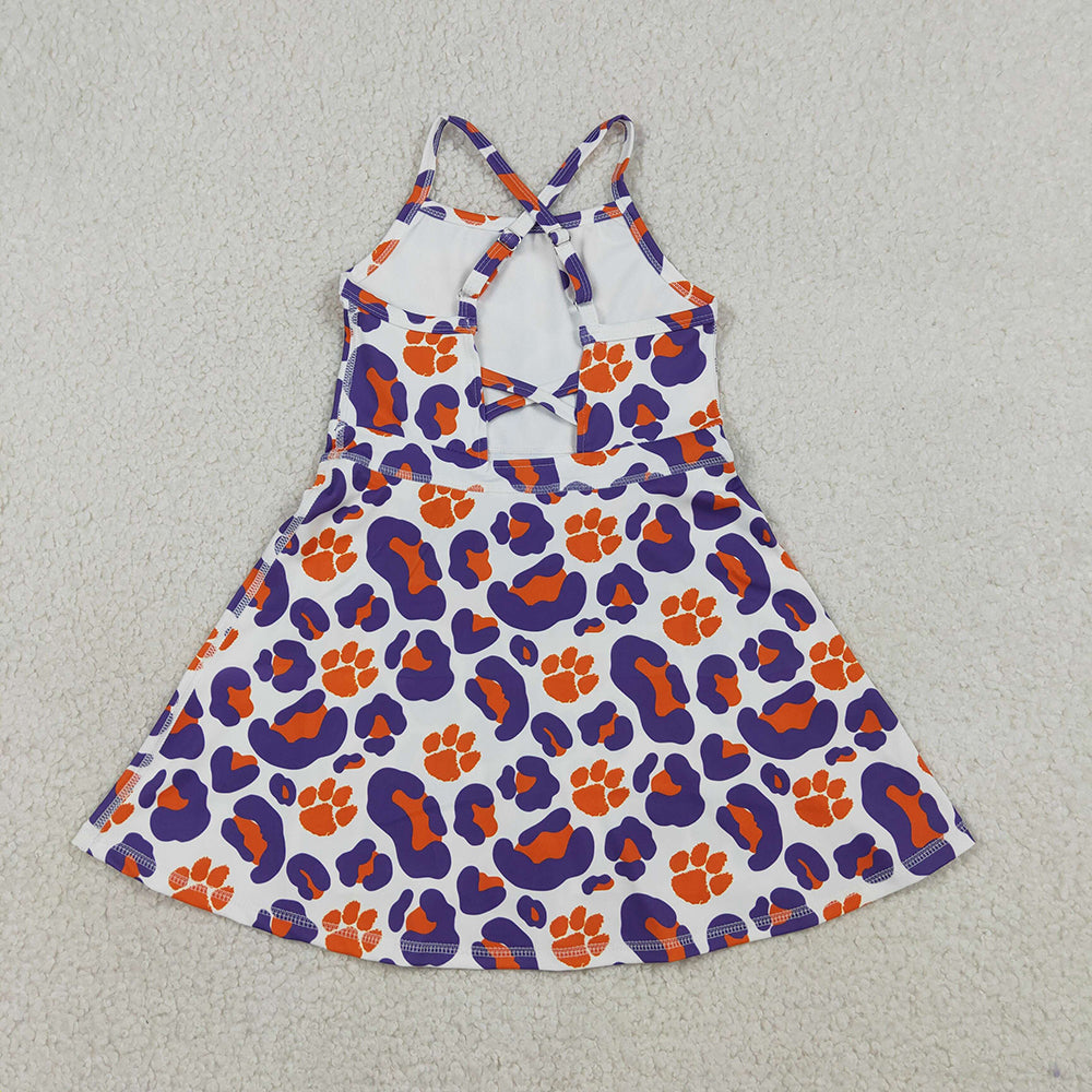 GSD3687  Teams Paw Orange Purple Leopard Print Girls Summer Strap Shorts Knee Length Yoga Dress