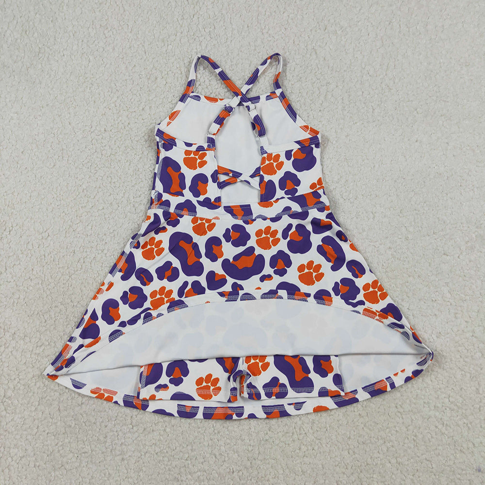 GSD3687  Teams Paw Orange Purple Leopard Print Girls Summer Strap Shorts Knee Length Yoga Dress