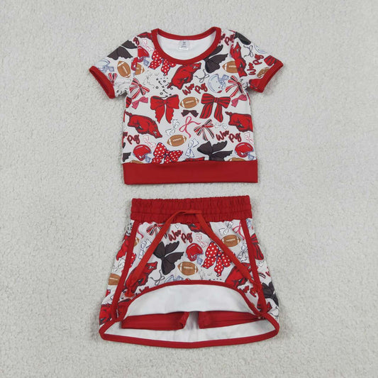 GSD3696 Football Teams Arkansas Bows Tee & Skirts Shorts Yoga Sets Baby Girls Active Wear