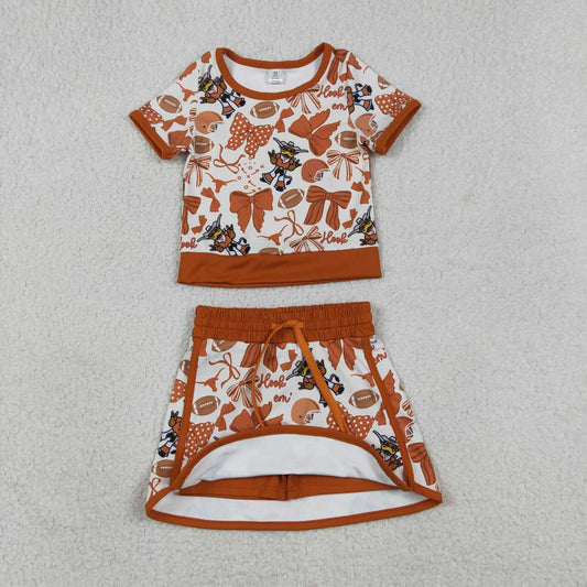 GSD3697 Football Teams Texas Longhorns Bows Tee & Skirts Shorts Yoga Sets Baby Girls Active Wear