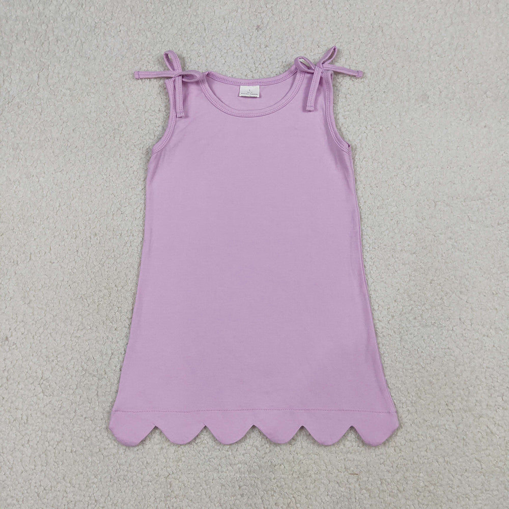 3 Colors Cotton Girls Summer Scallop Knee Length Dress Sibling Matching Wear