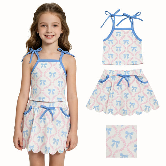 Bows Strap Tank Top Pockets Skort Girls Summer Yoga Clothes Set