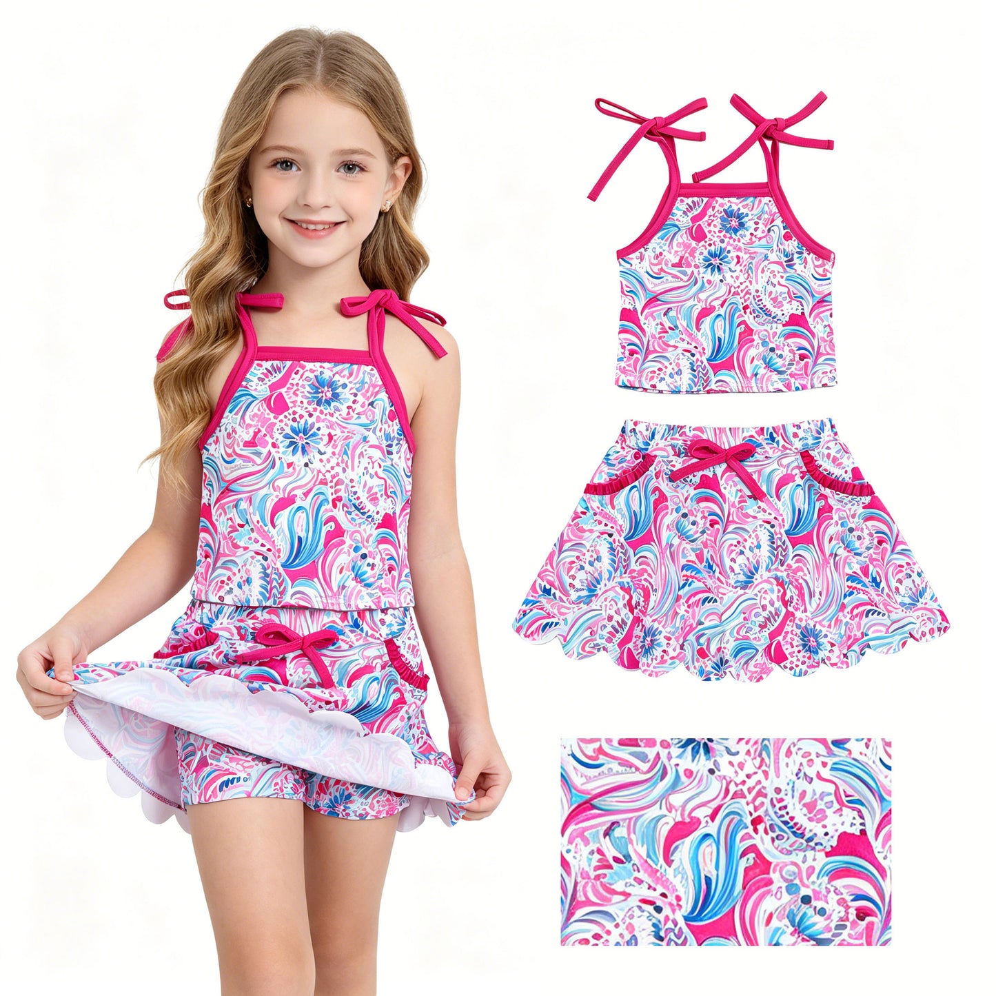 GSD3728 Hot Pink Seaweed Strap Tank Top Pockets Scallop Skort Girls Summer Yoga Clothes Set