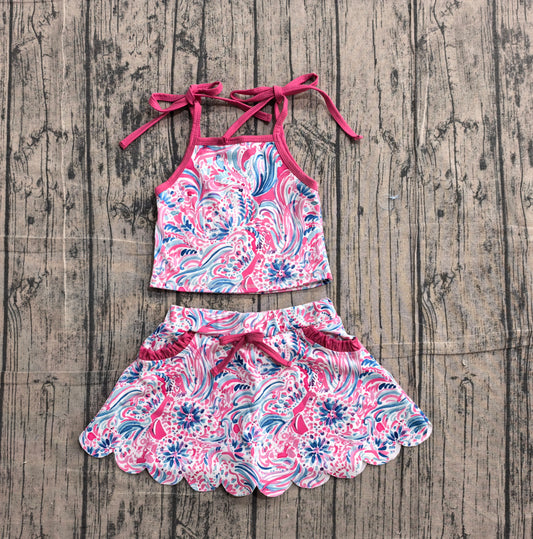 Preorder GSD3728 Hot Pink Seaweed Strap Tank Top Pockets Skirts Shorts Girls Summer Yoga Clothes Set