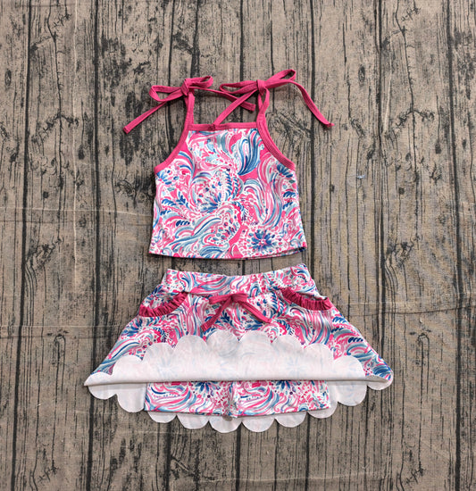 Preorder GSD3728 Hot Pink Seaweed Strap Tank Top Pockets Skirts Shorts Girls Summer Yoga Clothes Set