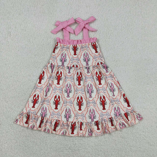 GSD3730 Crayfish Print Girls Strap Summer Knee Length Dress