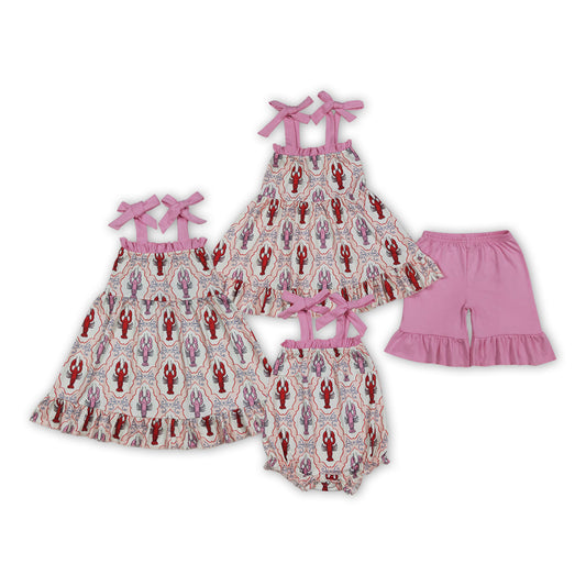 Crayfish Pink Girls Summer Strap Romper Dress Outfits Sisters Wear